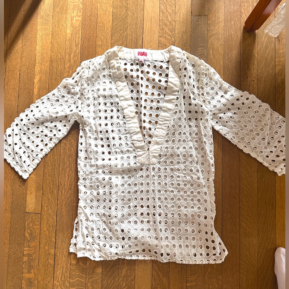 Solid and Stripe white eyelet beach cover up